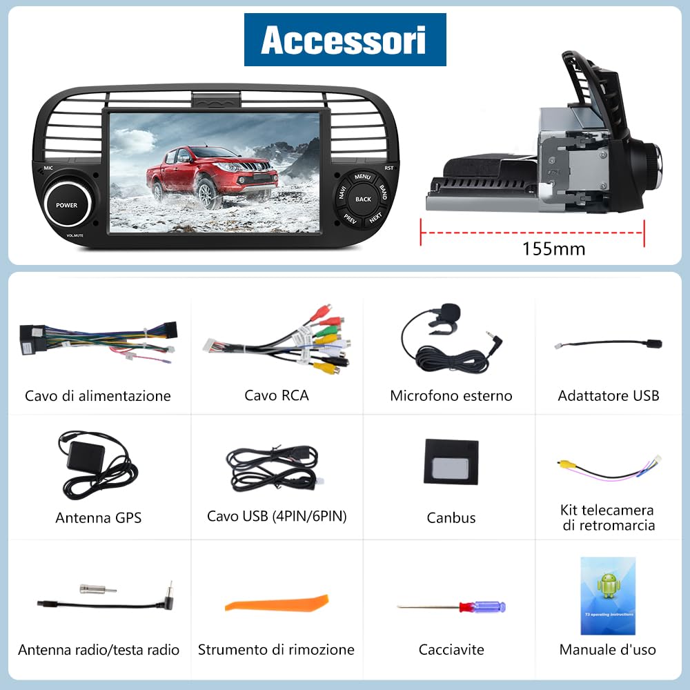 AWESAFE Android 13 Autoradio per FIAT 500 (2007-2015) lo stereo 7 pollici 1 din (4GB＋64GB) Supporto CarPlay Android Auto GPS WIFI Bluetooth MirrorLink (Nero)