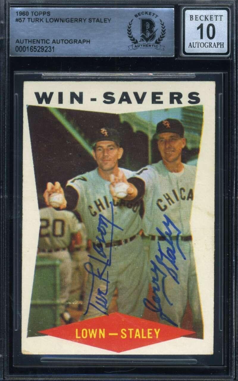Turk Lown Gerry Staley Gem Mint 10 Beckett BAS Signed 1969 Topps Win Savers Auto - Baseball Slabbed Autographed Cards