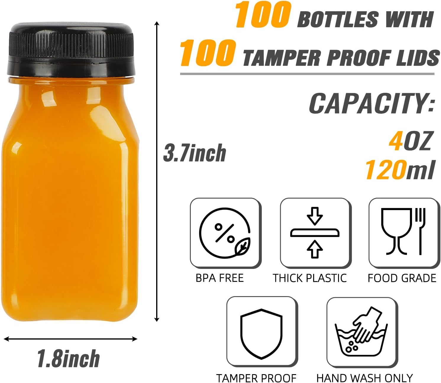 Tomnk 105pcs 4oz Mini Plastic Juice Bottles with Caps Empty Reusable Clear Bottles with Label, Funnel and Brush Beverage Containers for Juicing, Milk and Beverages