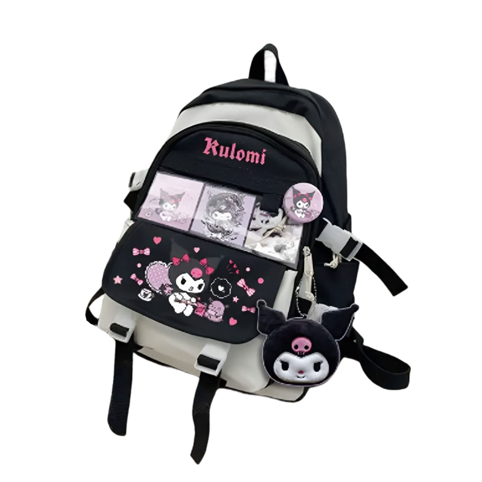 FLalianq Kawaii Backpack Cute Cartoon Cinnamoroll Kuromi School Bag Bookbag With Brooch Pin And Plush Pendant Travel Backpacks For Teen Girl Girls Women (Color : Black)
