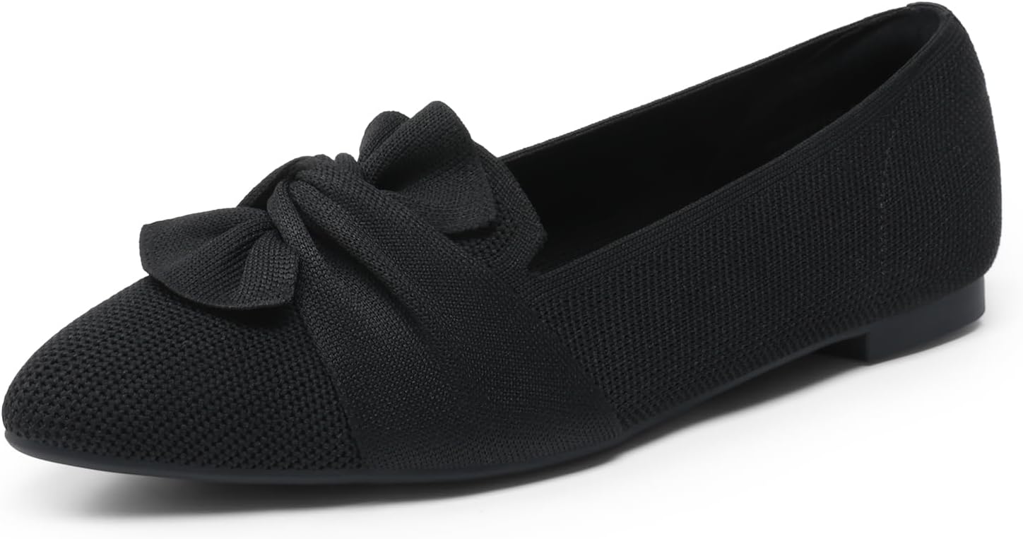 DREAM PAIRS Flats for Women Pointed Toe Foldable Knit Ballet Flats Comfortable Slip-On Dress Shoes Elegant Bow Flats for Work Office Business Casual Travel