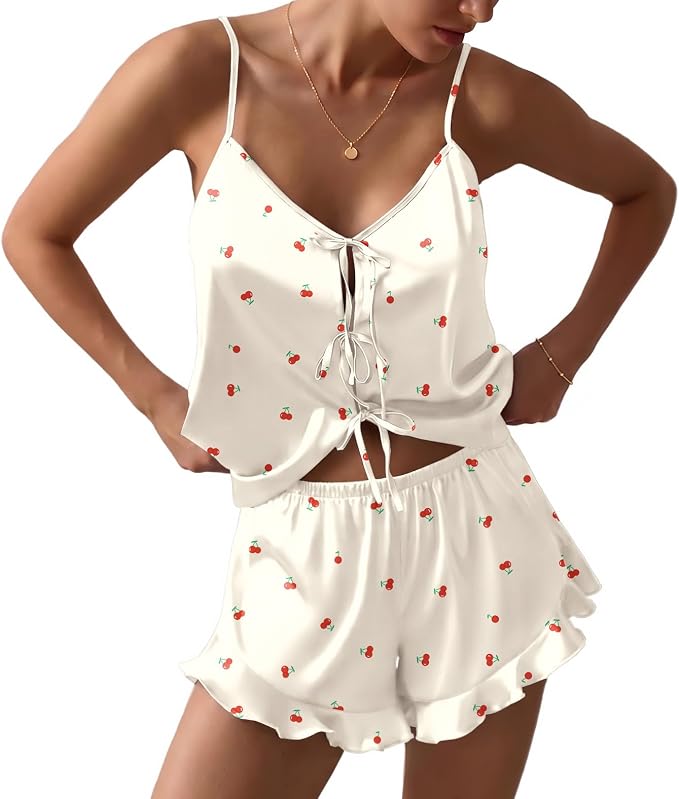Ekouaer Womens Bow Tie Front Silk Pajamas Sets Satin Cami Lingerie Pjs 2 Piece Ruffle Sleepwear for Wedding Bridal Party