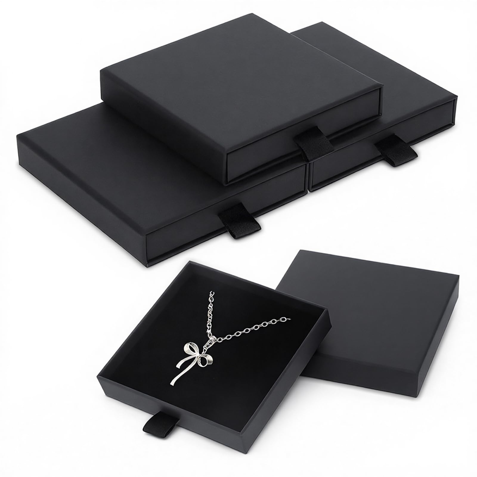 4 PCS Small Jewelry Gift Box, Black Drawer Gift Box for Necklace, Small Jewelry Boxes for Bracelet, Earring, Necklace, Mini Drawer Gifts Boxes for Valentine's Day, Birthday Favor(3.5×3.5×0.7inch)
