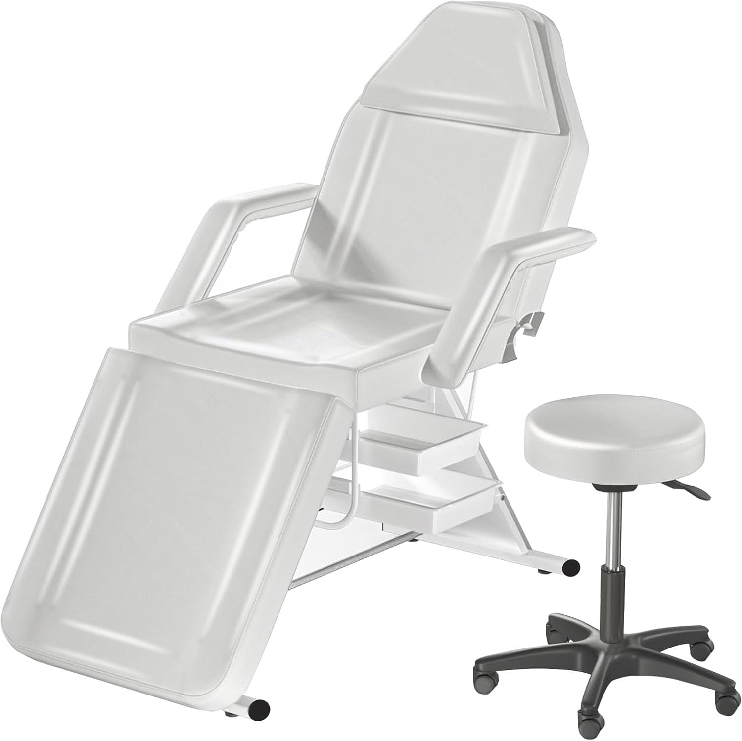 Premium Tattoo Chair, Face Chair with 2 Drawers 14.5 "x 10.6" x 2.5 ", Removable Pillow, Adjustable Back and Pedals, Cosmetic, Tattoo, Massage Professional Equipment, White