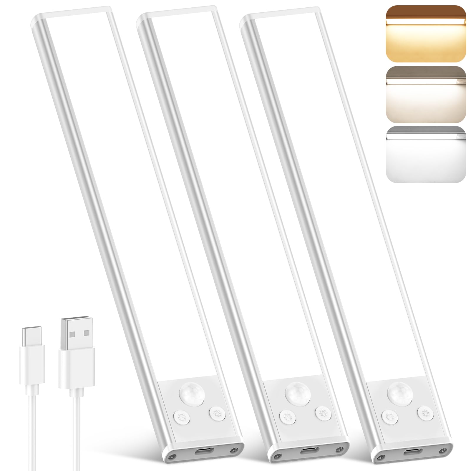 Rechargeable Motion Sensor Under Cabinet Lights, 2500mAh Battery Operated Wireless Under Counter Lights Indoor, Magnetic 108-LED Dimmable Closet Lights for Kitchen with 3 Color Temperature, 3 Packs