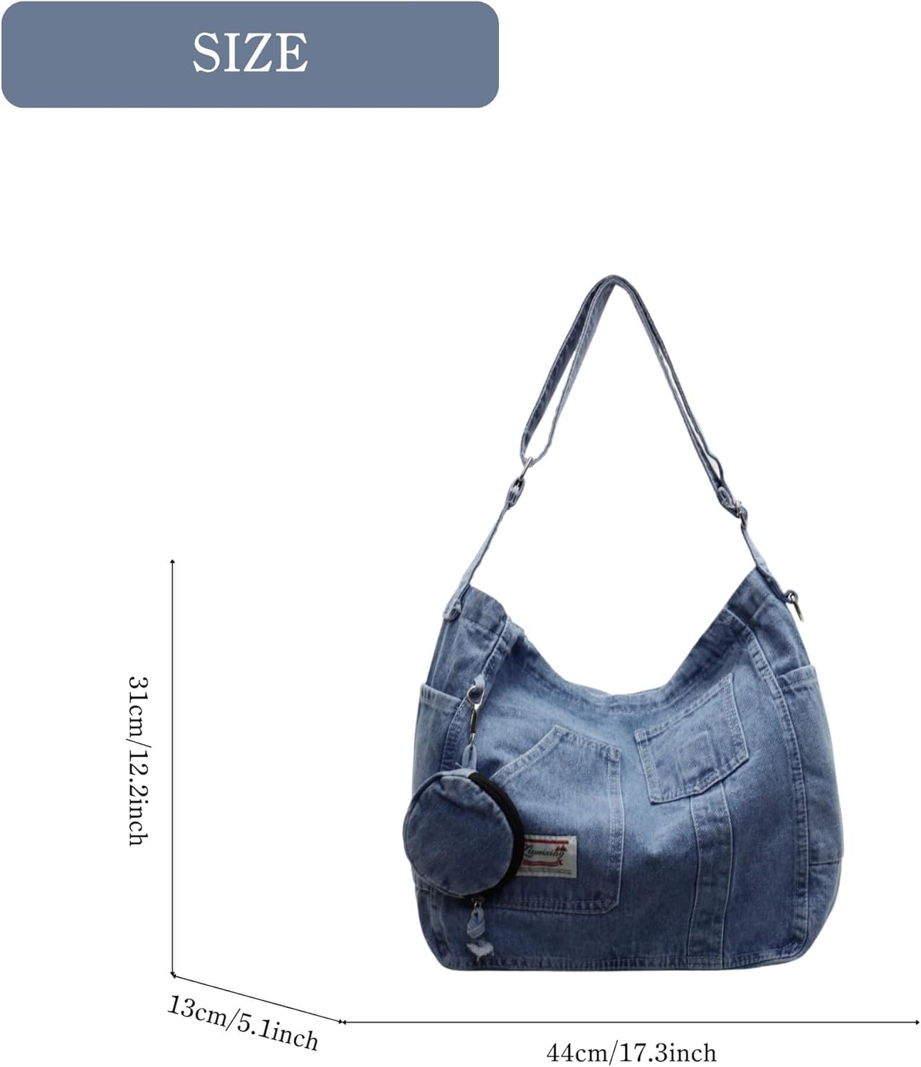 Adjustable Denim Crossbody Bag with Coin Pouch, Multi-Pocket Shoulder Purse for Women, Travel Daily Commuting Canvas Tote