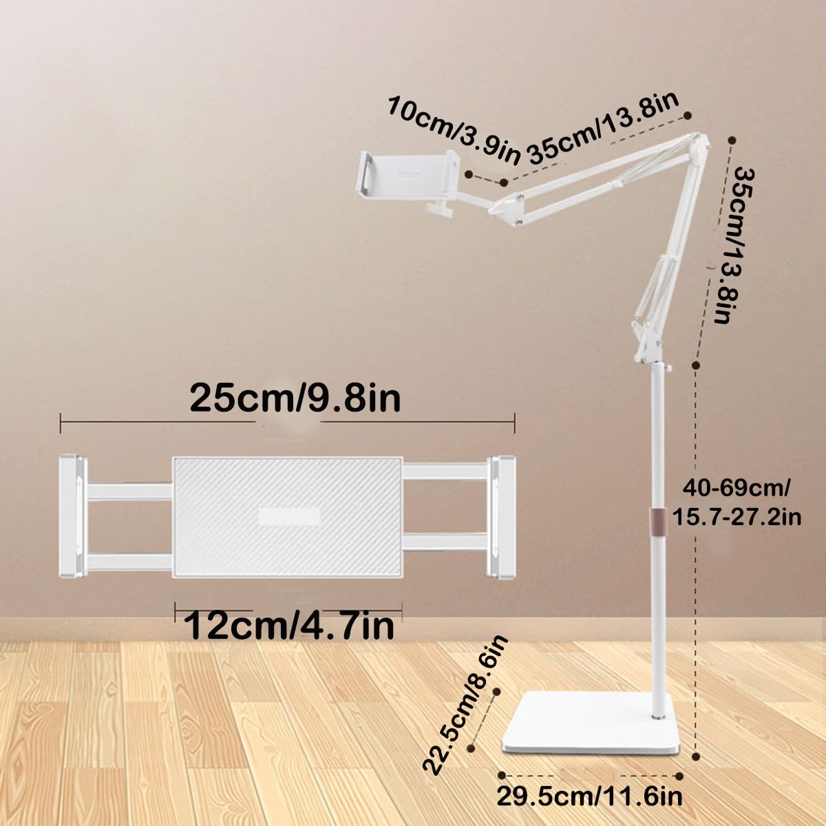 Supporto per Tablet da Pavimento [Altezza&Angolo Regolabili] 360° Rotazione Supporto in metallo Regolabile Base Resistente per iPad Pro o altri dispositivi da 4,7-12,9 pollici (Bianco)