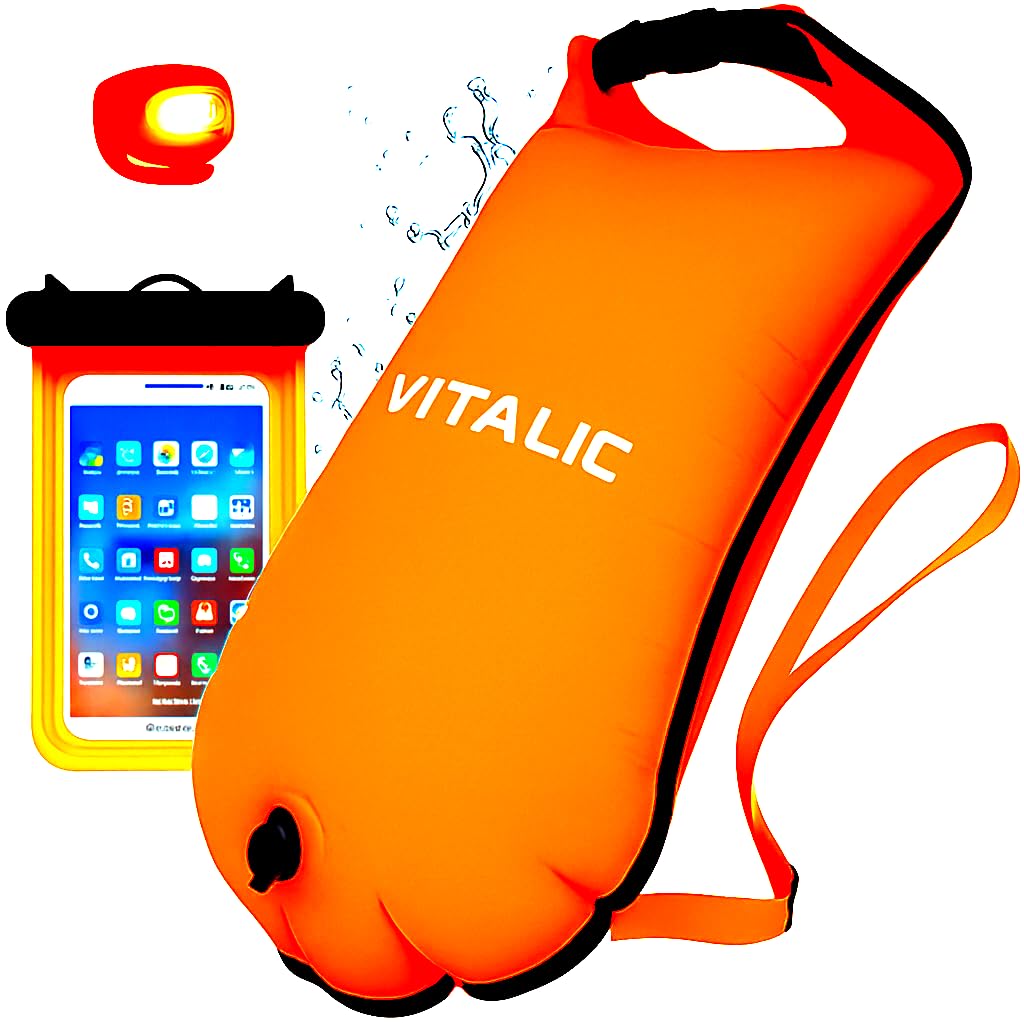 Bouée de natation gonflable avec lumière et étui de téléphone - Flotteur flottant pour la natation en eau libre et le triathlon en toute sécurité - Sac de natation étanche avec sac isotherme