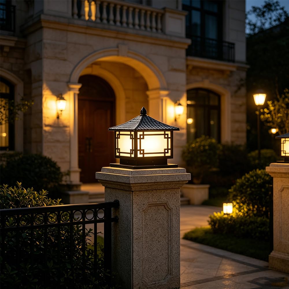 Lampada da esterno a colonna impermeabile per esterni Lampione stradale a LED retroilluminato Cortile Luci estern E27 Luci colonna Lanterna scrivania paesaggio prato giardino Villa, nero