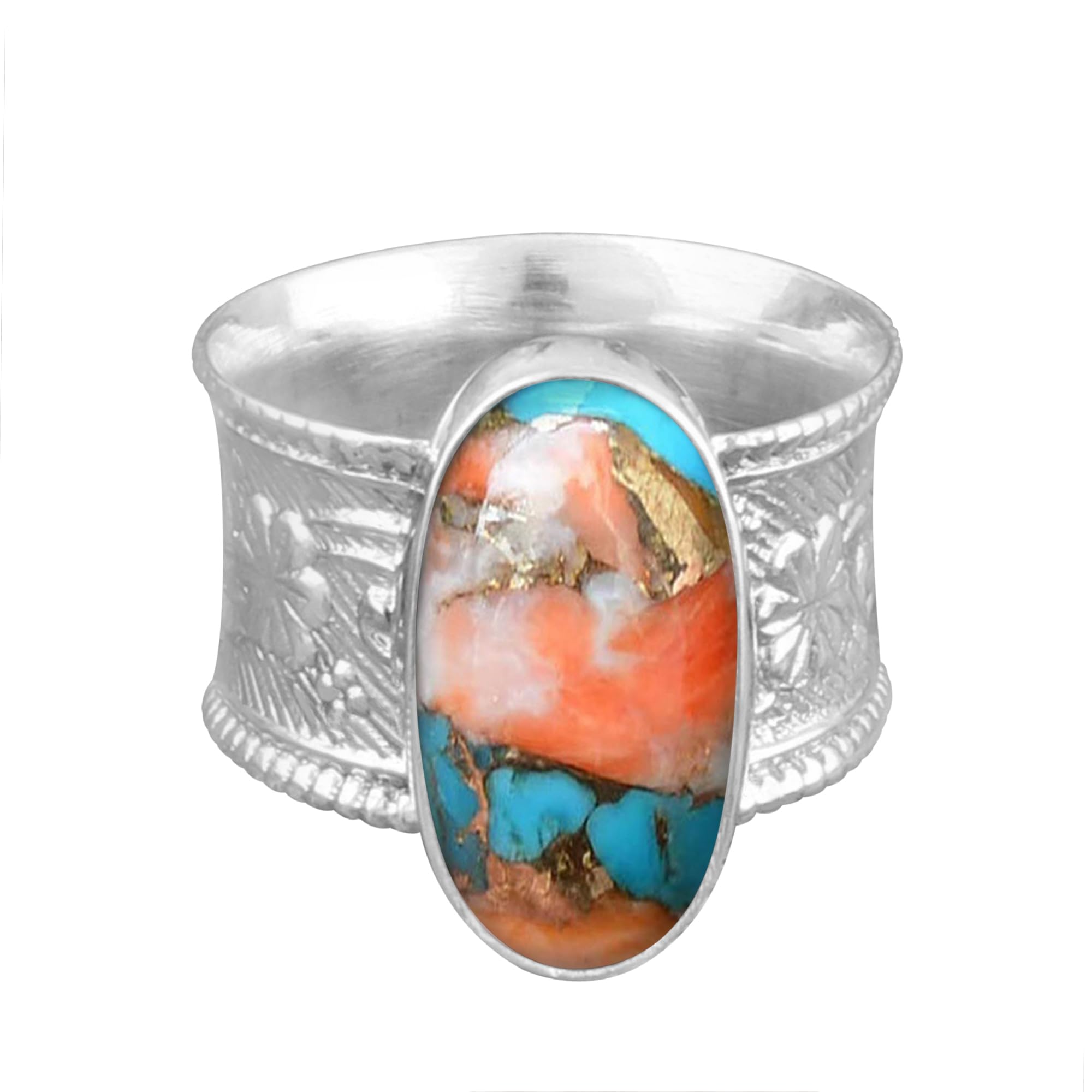 SILVESTO INDIA Oyster Copper Turquoise Solid 925 Sterling Silver Spinner Ring For Women Handmade Oval Meditation Wedding Ring Boho Worry Anxiety Ring Gift (8.5)
