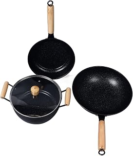Iron Pot Non Stick Cookware Frying Pan with Wooden Hand Stirring Frying Set for Kitchen 3pcs/191