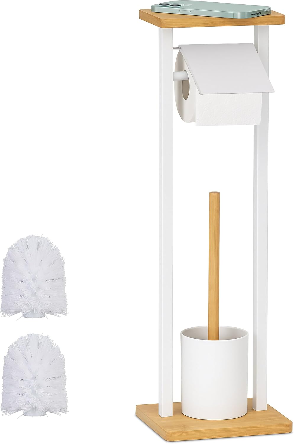 Relaxdays Toilet Set, Shelf, freestanding, HWD: 73.5x20x20 cm, 2 Replacement Brushes, roll Holder & Brush, White/Natural