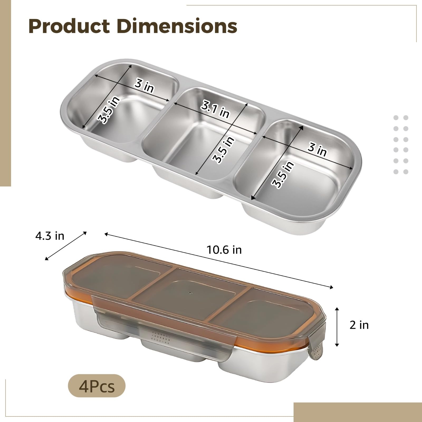 4 pcs Stainless Steel Lunch Boxes, Bento Box with 3 Compartments, Meal Prep Containers Reusable for Portion Control, Salad, Fitness, 10.6" x 4.3" x 2"