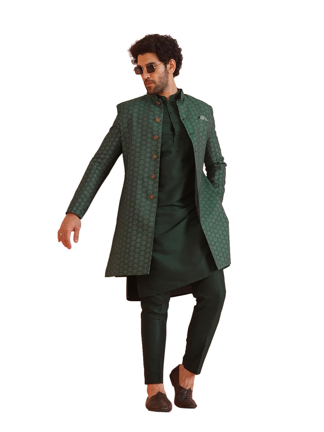 Men Green Jacquard Geometric Kurta Indowestern Sherwani Trouser Set