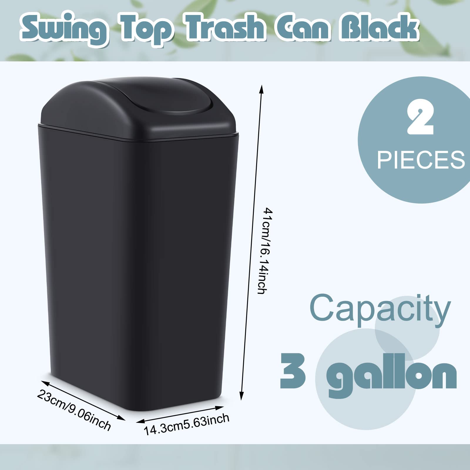 Hoolerry 1 Pcs 3 Gallon Plastic Kitchen Garbage Can Slim Kitchen Trash Can with Lid Small Trash Bin with Swing Lid for Bathroom Office Bedroom Kitchen Waste Outdoor, 5.6 x 9.1 x 16.1 Inches (Black)