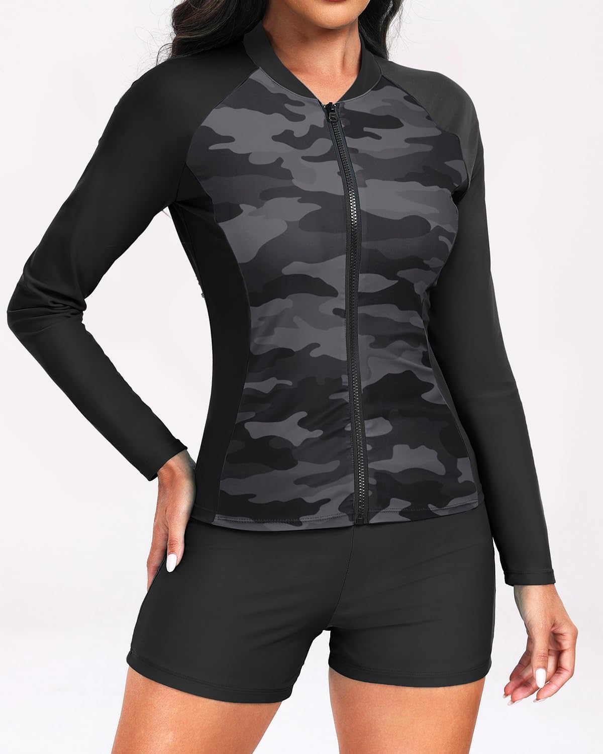 Holipick Long Sleeve Swimsuits for Women - 3 Piece Rash Guard with Shorts Zipper SPF Swim Shirt with Built in Bra