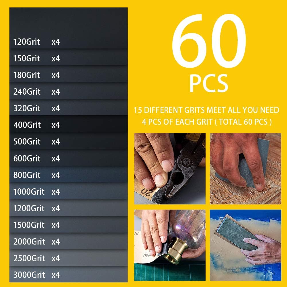 60PCS Sand Paper Sandpaper,9x3.6 INCH,Wet Dry Sandpaper,Assorted for Wood Metal Sanding,Wet Dry Sandpaper,120/150/180/240/320/400/500/600/800/1000/1200/1500/2000/2500/3000 Grit - - 