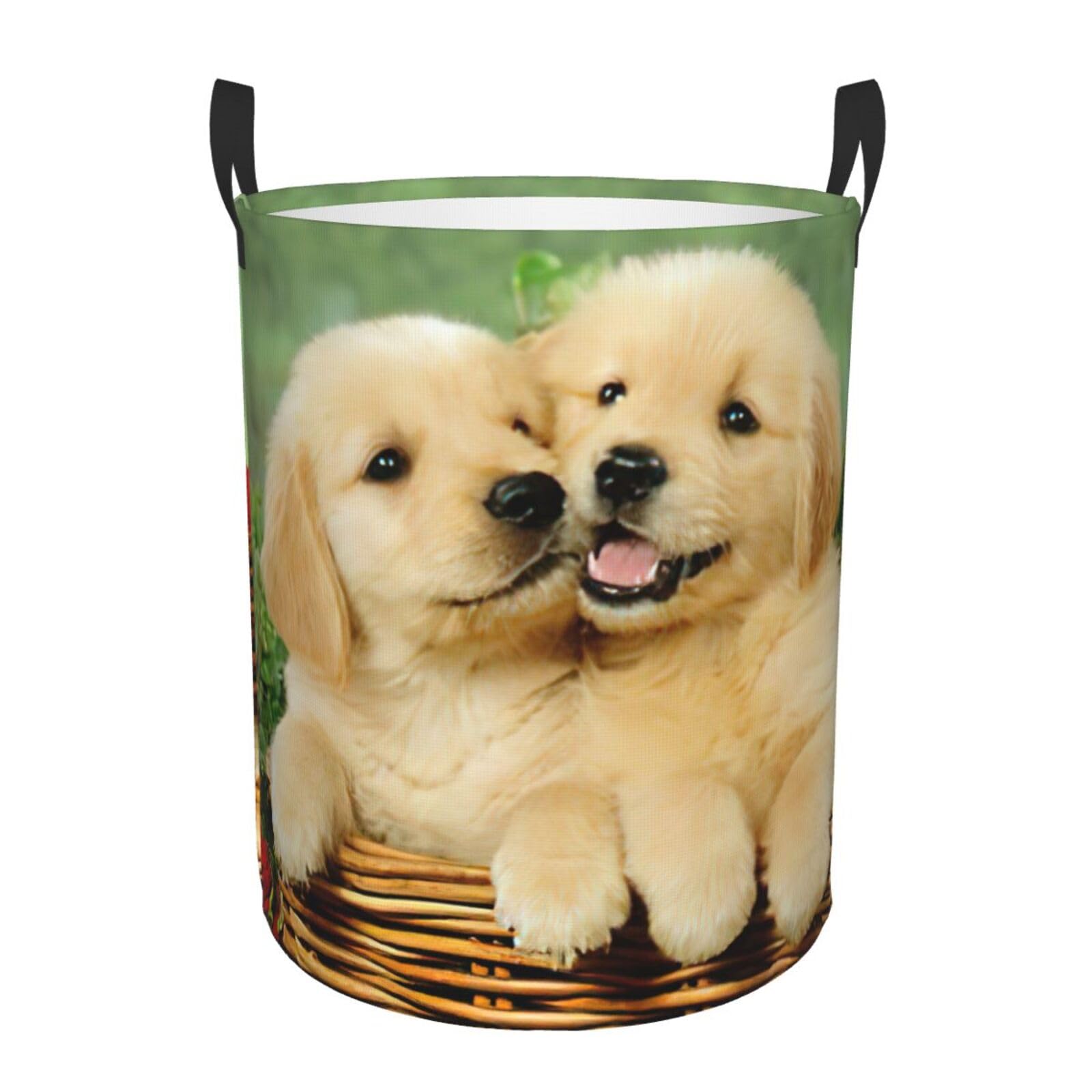 Panier à linge rond imprimé golden retriever avec poignées ergonomiques