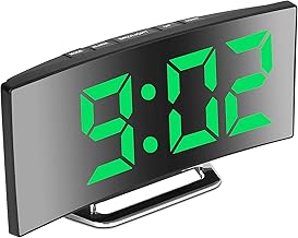 Derkiewn Réveil numérique pour Chambres à Coucher, écran Miroir 7'' LED, 2 luminosités, 12/24H, température, Date, veilleuse, Snooze, Alimentation USB, Fonction mémoire(Vert)