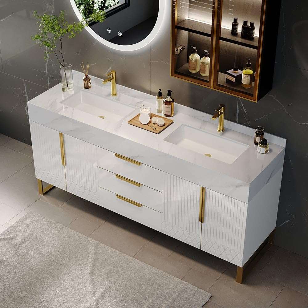 KunMai 59" White Freestanding Bathroom Vanity with Faux Marble Top, Double Ceramic Vessel Sinks, Floor-Standing Design, 3 Drawers for Storage, Modern