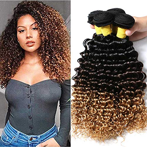 Hairitory Ombre Deep Wave 3 Bundles Peruvian Virgin Human Hair 3 Tone Ombre Deep Curly Weave Hair Extensions 100g/PC(18 20 22, 1B/4/27)