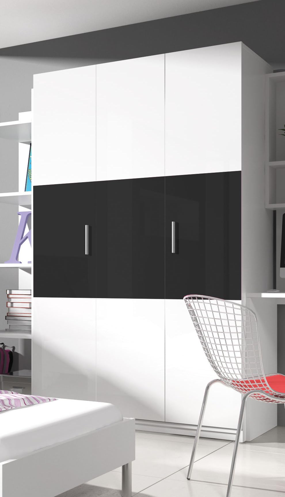 Generisch Jugendmöbel TOMI Schrank/Regal mit Schreibtisch Kindermöbel Hochglanz Jugendzimmer Komplet (Weiß/Schwarz)
