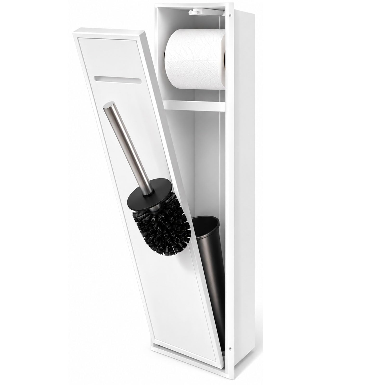 Porte-Papier Toilette Encastré Blanc avec Rangement pour Brosse WC, Acier Inoxydable Sus304, Rangement Mural De Salle De Bain avec Godet Amovible