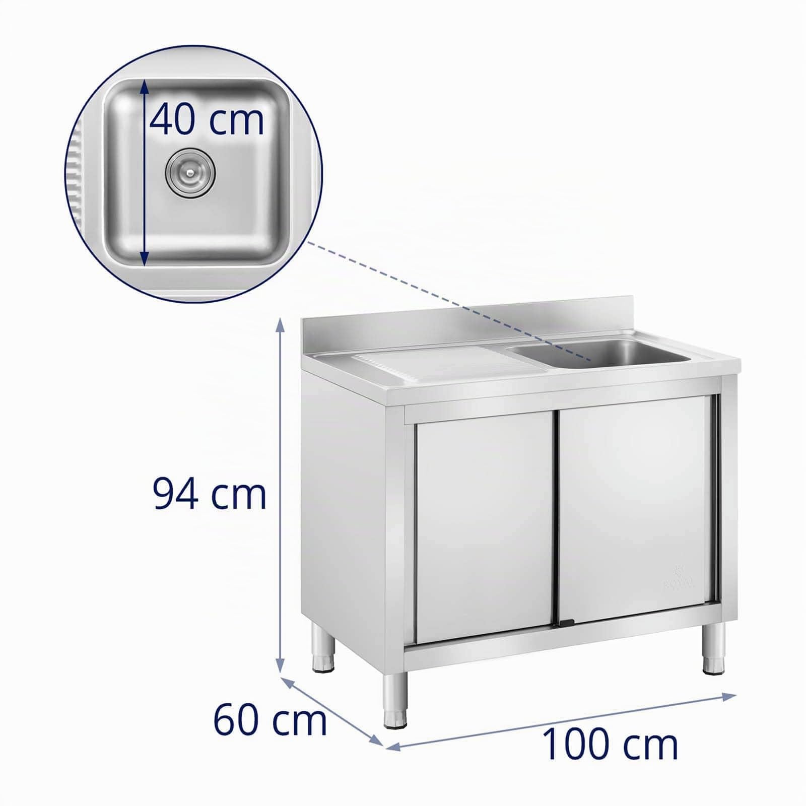 Royal Catering RC-IKS09 Plonge En Inox Professionnelle Sur Meuble Bas Armoire Placard Avec Évier Acier Inoxydable (1 bac : 400 x 400 x 240 mm, Hauteur du dosseret : 100 mm, Pieds Réglables)