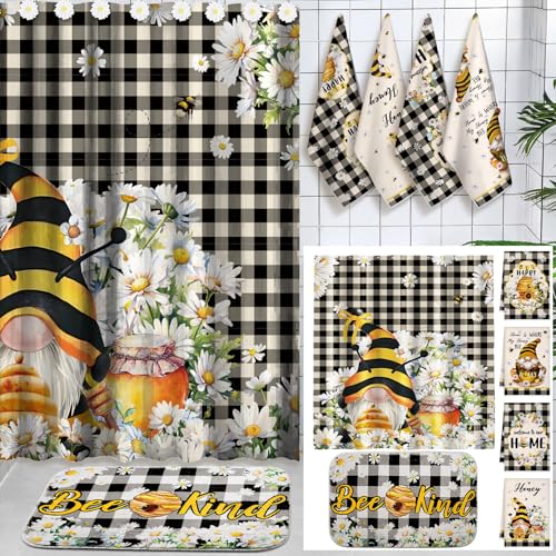 Fourluoo 18 Pcs Fabric Shower Curtain Set with 12 Decorative Shower Curtain Hooks Bathroom Towels Non Slip Absorbent Microfiber Rug for Modern Aesthetic Bathroom(Yellow Honeybee)