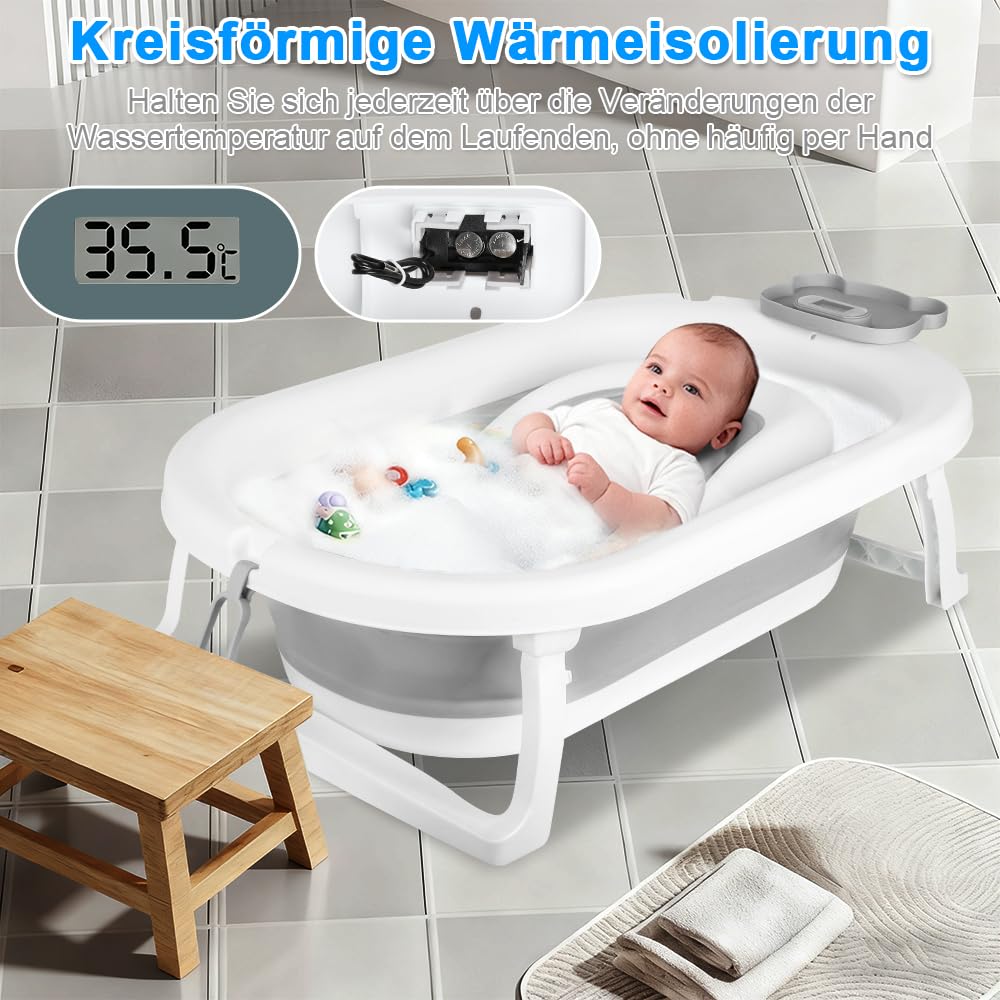 MUL-BOUTIQU - Bañera grande para bebé plegable con asiento de baño, termómetro y cojín – Bañera de bebé en pie – ideal para regalo de nacimiento niña o niño (oso gris)