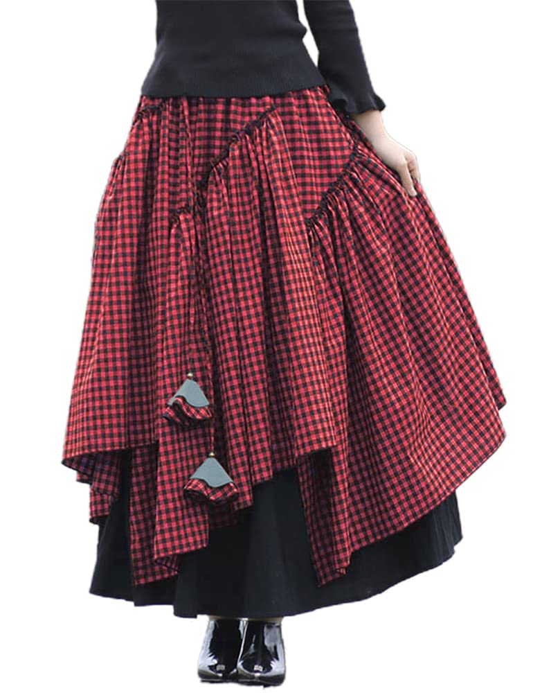 IDEALSANXUN Womens Elastic Waist Aline Cotton Lined Retro Maxi Hem Pleated Long Skirts, Plaid Red, L