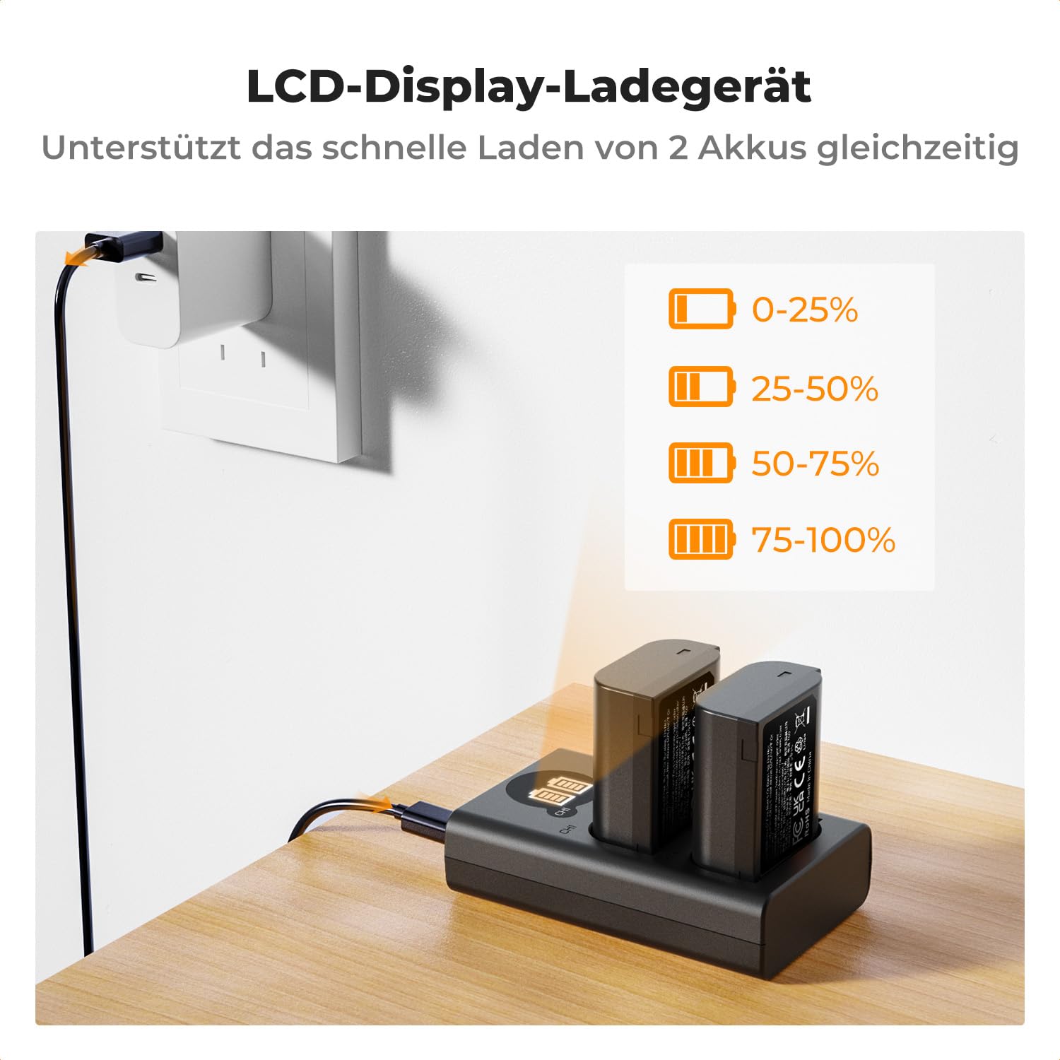 K&F CONCEPT DMW-BLK22 Akku 2er-Pack 2400mAh + LCD Dual-Slot-Ladegerät, voll entschlüsselt kompatibel mit Panasonic Lumix DC-S5 S5 II GH5 II GH6 S5M2, 7,4V/8,4V