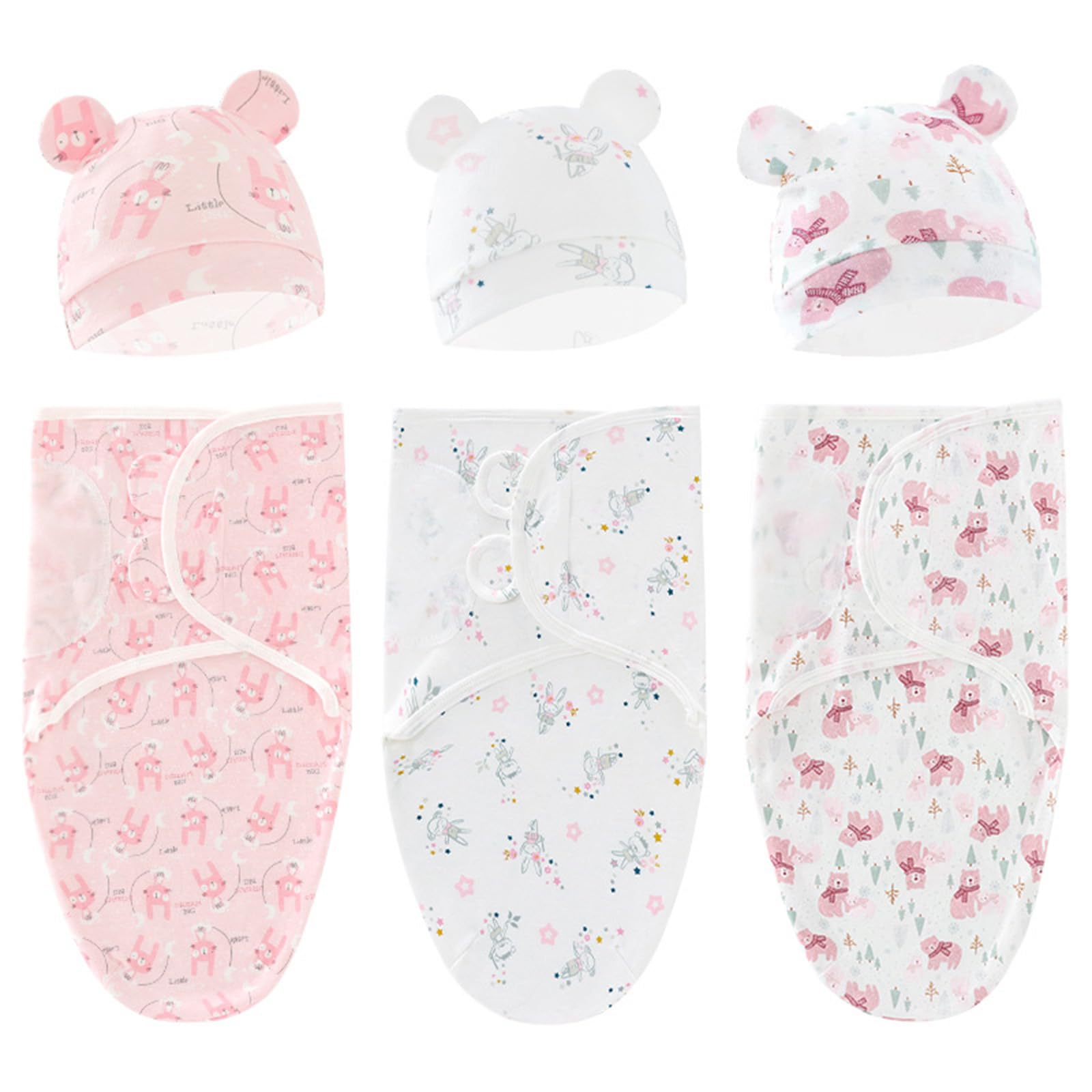Fychuo 3PCS Baby Swaddle Blanket with Hat Breathable Cotton Swaddle Blanket 0-3 Months Baby Adjustable Swaddle Sleep Sacks for Girl Nursery