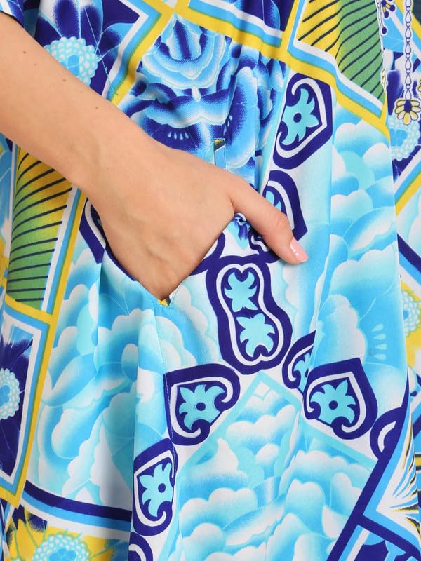Image of Miss Lavish London Kaftan for Women Dress V Neck Summer Swimsuit Cover Up Blue Caftan Maxi Beach Dress, Plus Size African Kaftan with Batwing Sleeves, Side Slit & Pockets on Both Sides-Blue-M