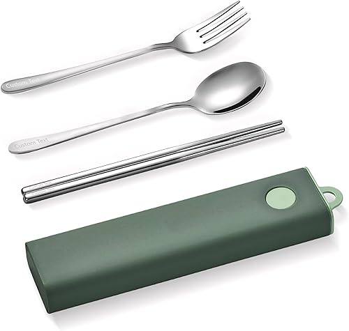 Miniatura 8 de Muka Juego de 3 utensilios portátiles personalizados de acero inoxidable, palillos, tenedor, cuchara, juego de cubiertos de viaje con logotipo y