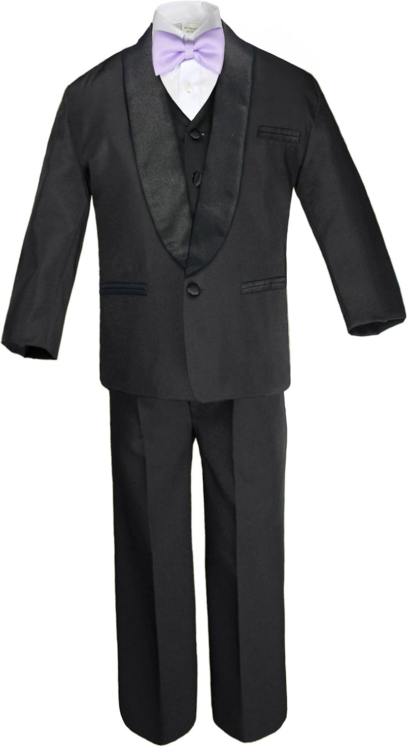 6pc Boys Formal Satin Shawl Lapel Suits Tuxedo Lilac Bow Tie Baby to Teen