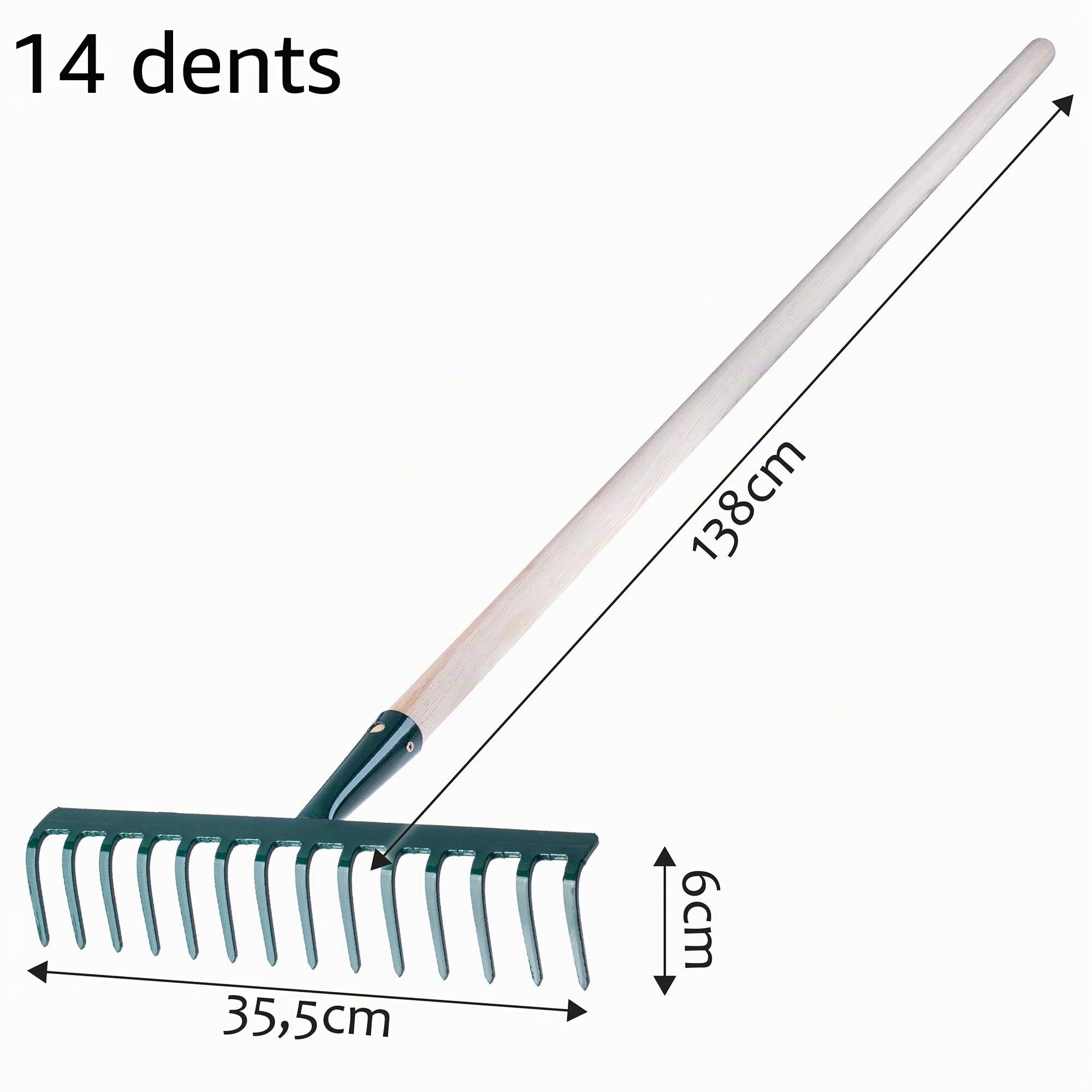 KADAX Râteau en Métal, Râteau Plat avec Manche en Bois, Râteau à Feuilles pour Jardin, Parterre, Râteau à Feuilles, Râteau à Pelouse, Vert, Outil de Jardinage, Outil de Jardinage(14 Dents)
