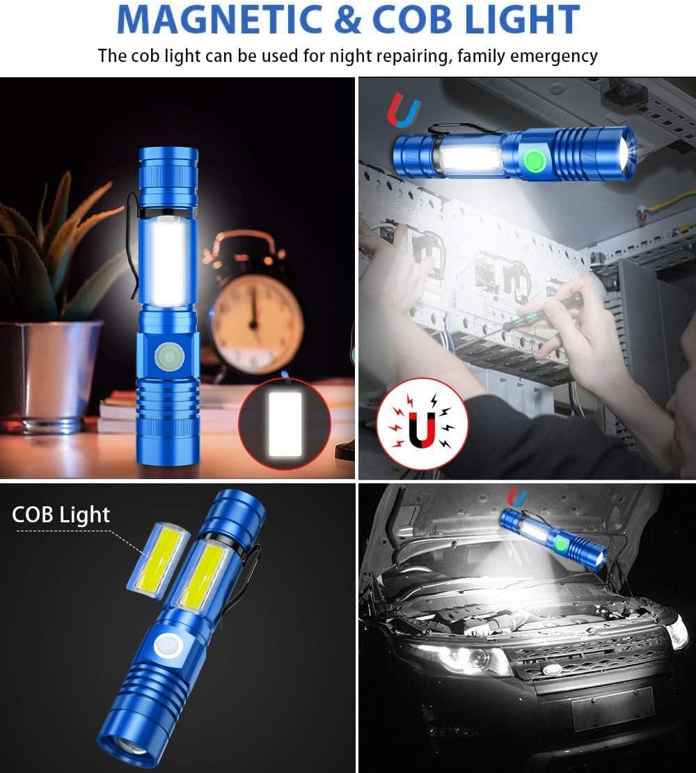 Rechargeable Tactical Flashlight, USB Magnetic Flashlights with COB Flash Light - 4 Models, Zoomable, Waterproof, LED Tactical Flashlight High Lumen Bright for Indoor Outdoor Camping 2 Pack Blue