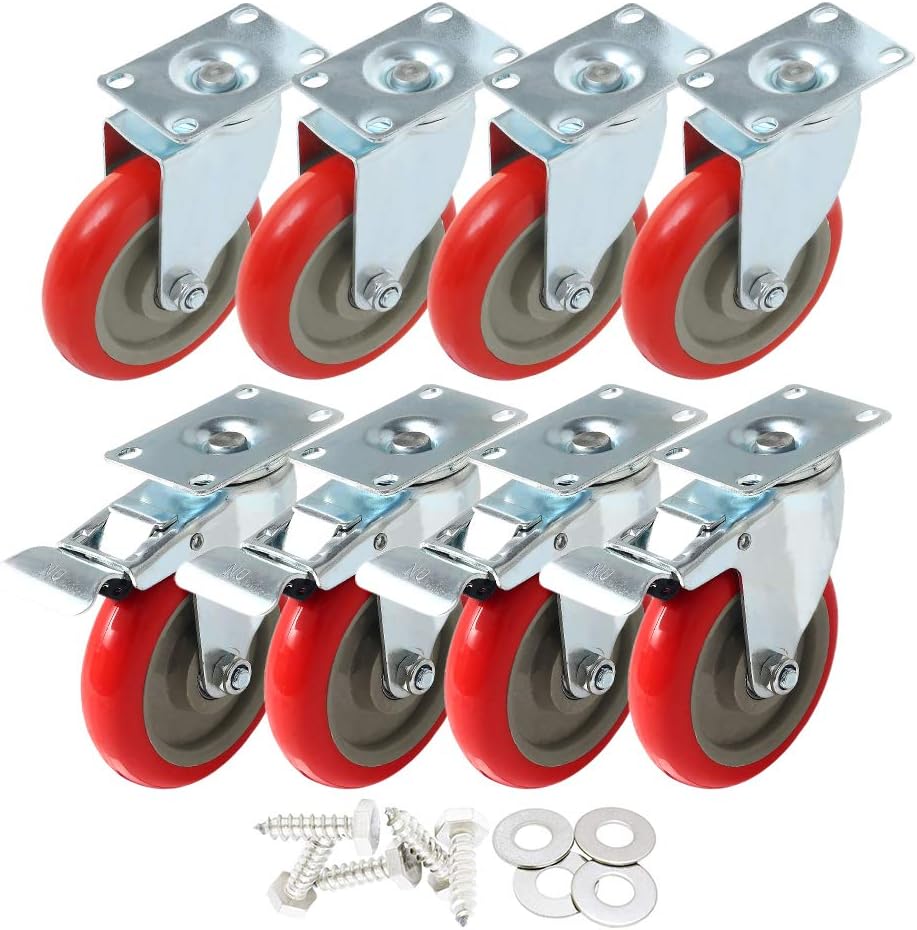 8 Pack 5 Inch Combo Caster Swivel Plate 4 w/Brake & 4 Plate Heavy Duty on Red PU Wheels with Heavy Duty Screws