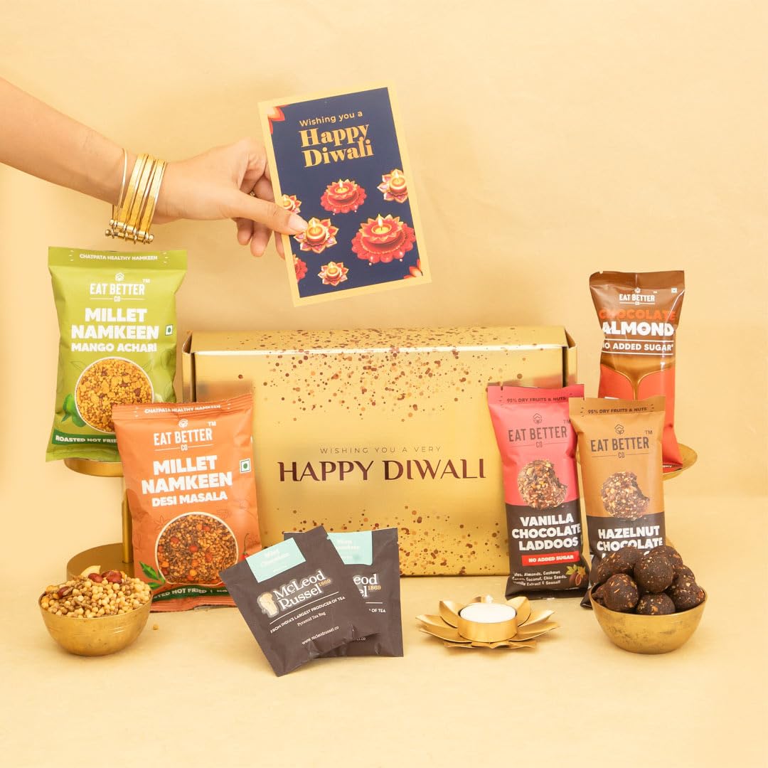 Swarn Diwali Gift Hamper - 9-Item Diwali Gift - Dry-Fruit Chocolate Ladoos, Healthy Millet Namkeen, Lotus Diya, Chocolate Nuts & Tea Sachet | Diwali Gift Pack for Friends & Employees (B0CKRZ5GXT) Amazon Price History, Amazon Price Tracker