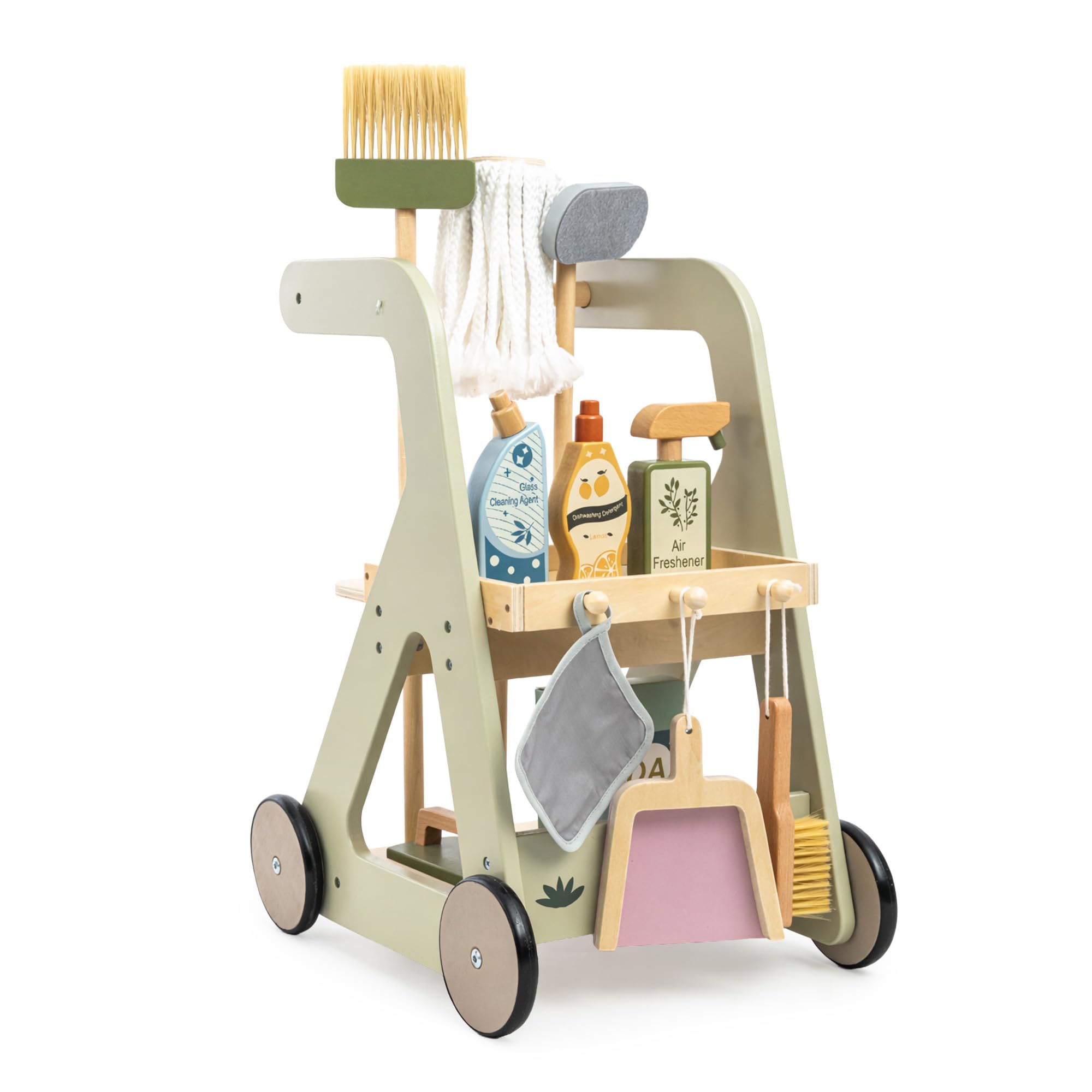 Mamabrum Carrello per la pulizia dei bambini in legno con accessori su ruote set da 11 pezzi giocattolo educativo gioco di ruolo