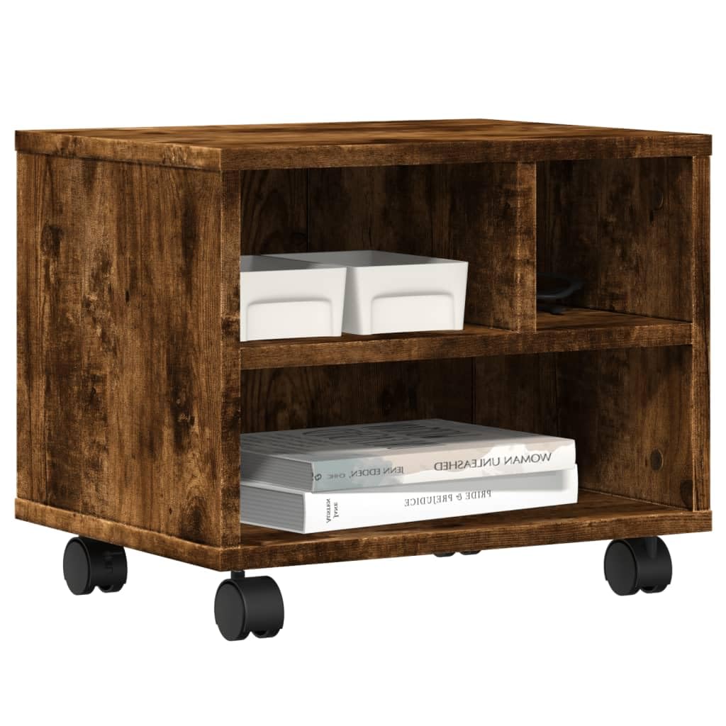 Druckerständer mit Rollen aus Räuchereiche Holzwerkstoff 41x32x34,5 cm mobiler Druckerwagen mit Ablage und Organizer für Büro, Homeoffice, Arbeitszimmer, platzsparend und stabil