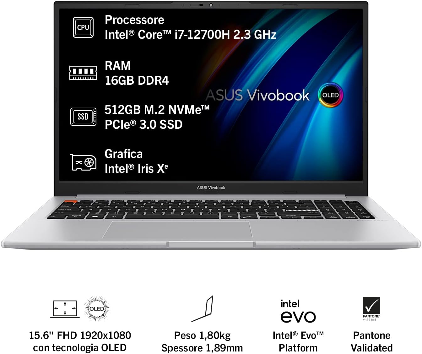 ASUS Vivobook S 15 OLED K3502ZA#B0BSH27XHH, Notebook con Monitor 15,6 OLED Glossy, Intel Core 12ma gen i7-12700H, RAM 16GB, 512GB SSD PCIE, Grafica Intel Iris Xe, Windows 11 Home, Grigio