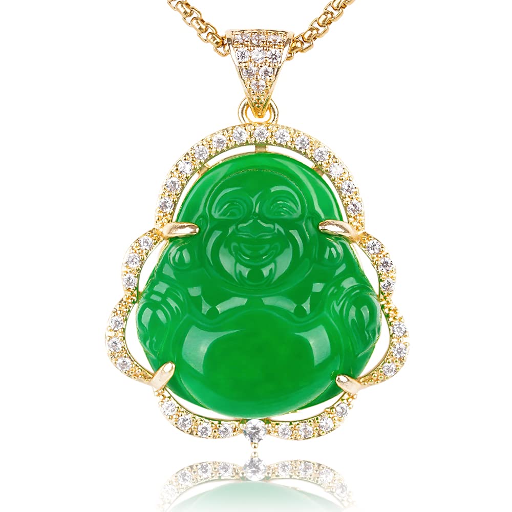 Laughing Buddha Necklace Cubic Zirconia Green Jade Buddha Pendant with 18K Gold Plated Chain Lucky Buddha Necklace Jewelry Gift