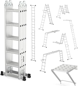 LUISLADDERS 18.5 FT Folding Ladder, Aluminum Multi-Position 7-in-1 Ladder, Heavy Duty Combination Ladder, EN131 Standard, 330 lbs Capacity 18.5 Ft