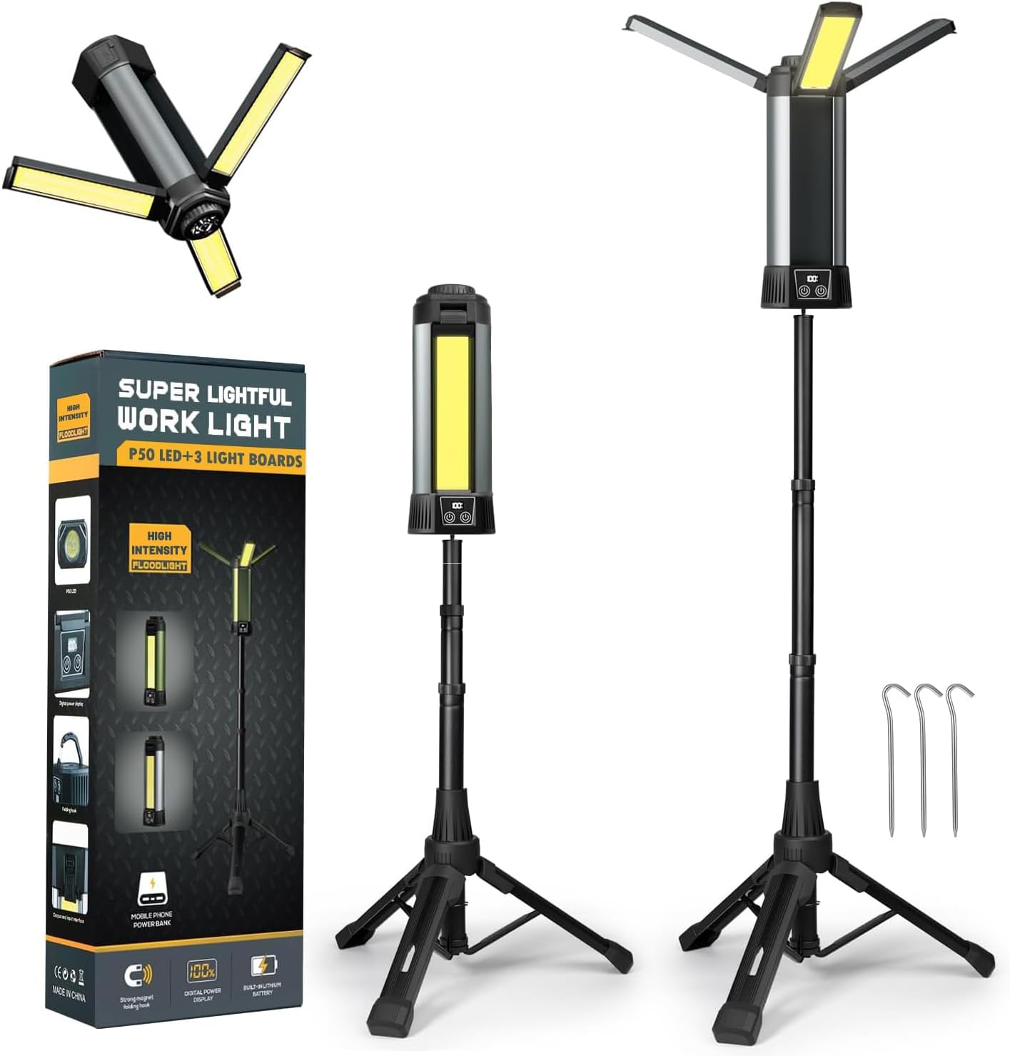 Rechargeable Work Light with Stand, Outdoor LED Cordless Camping Light