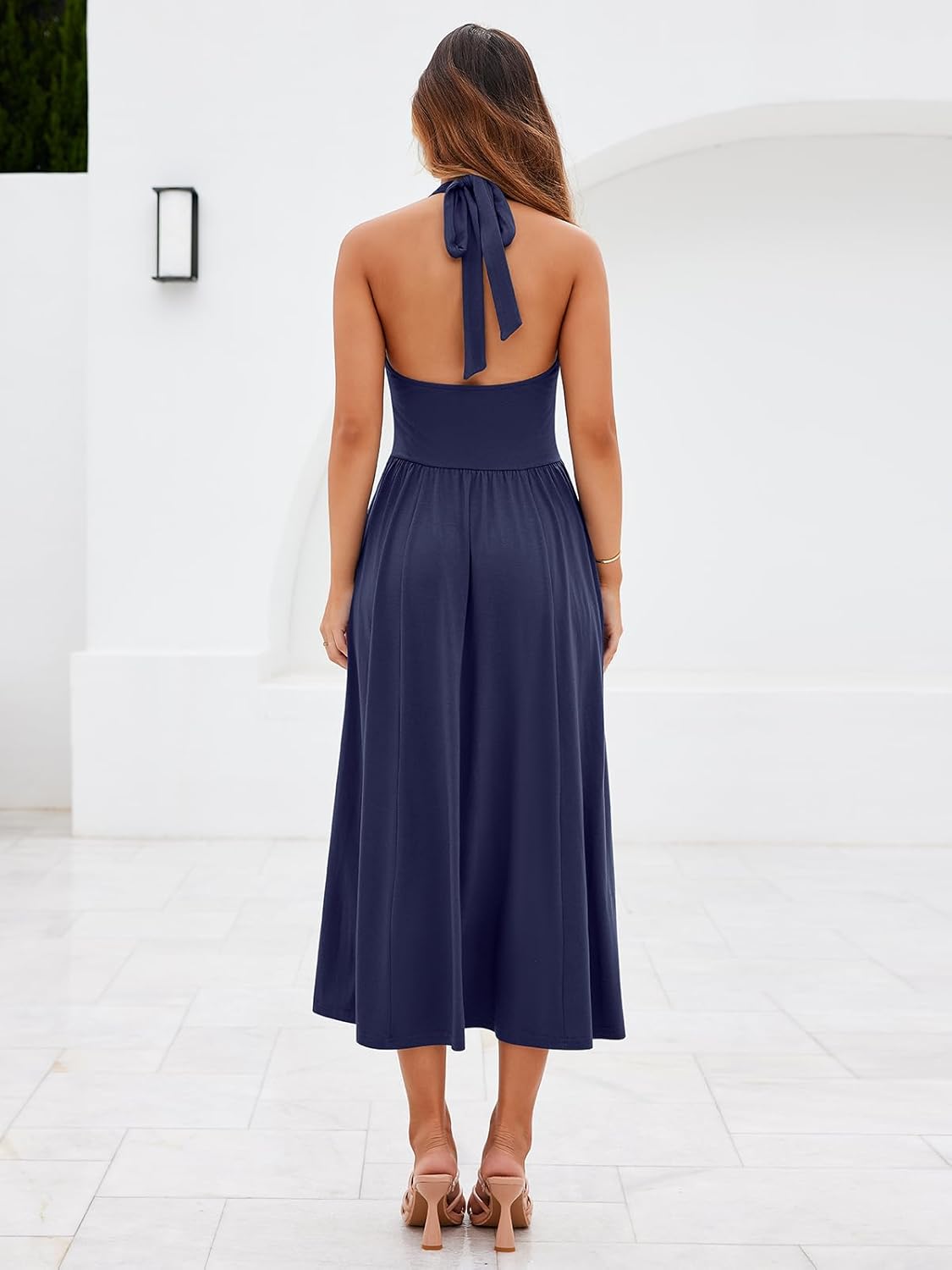 Sureple Women's V Neck Midi Dresses with Pockets Sleeveless Twist Waist Pleated Aline Flowy Beach Holiday Dresses - Image 7