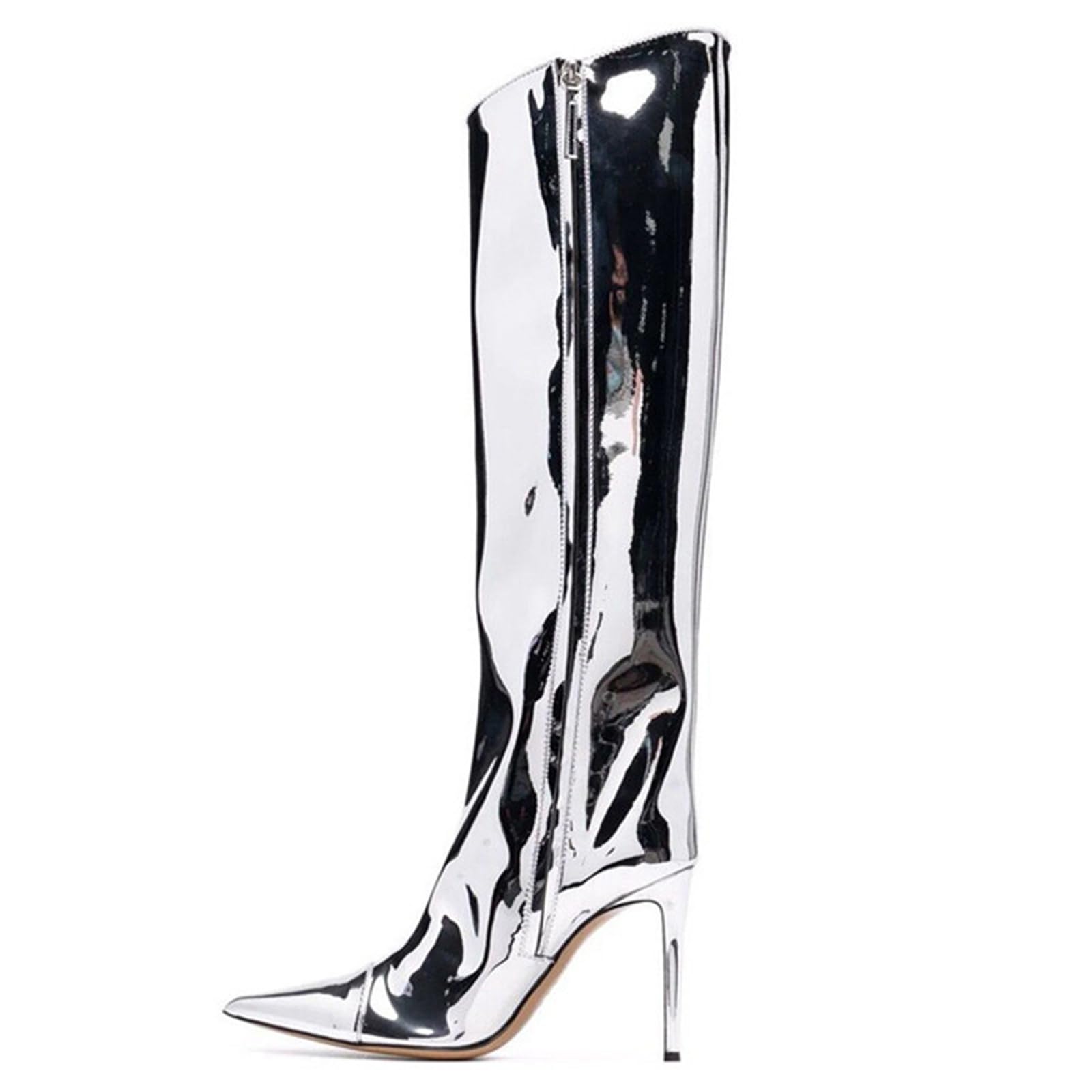 12CM / 4.72IN Sexy Bout Pointu Stiletto en Cuir Verni Discothèque Catwalk Étape Bottes Hautes sur Le Genou Grande Taille Côté Zipper Performance Bottes
