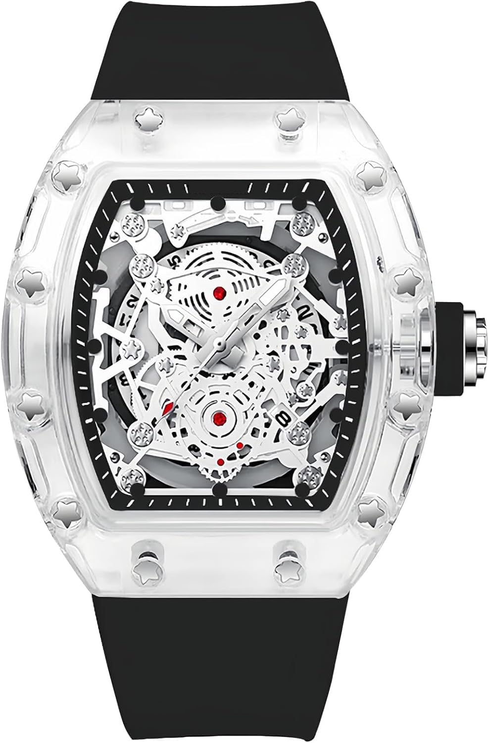 Unique Hollowed Skeleton Analog, Watches for Men Fashion Tonneau Water Resistant, Sports Transparent Business Silicone Strap with Shock Resistant