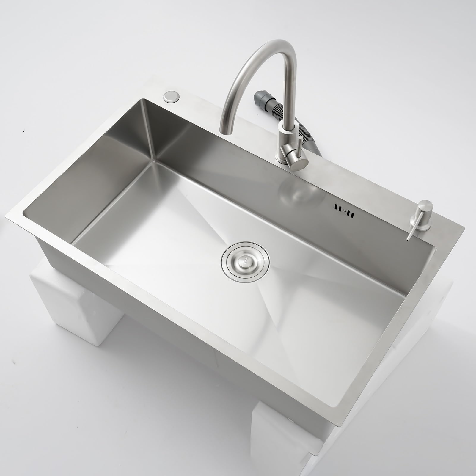 Fregadero Cocina 1 Seno 85 x 50cm,Acero Inoxidable Cepillado,Fregadero Bajo Encimera o Sobre Encimera, Gran Pila con grifo, con Sifón, Escurridor, Dispensador de jabón